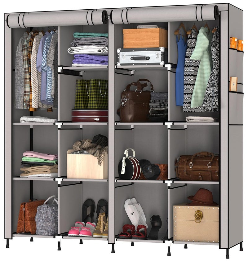 MY ARMOR 4Door Foldable Wardrobe for Clothes Wardrobe for Storage Multipurpose Collapsible Fabric Almari Organizer for Clothes ABS Plastic Fabric Cupboard 14 Shelfes 2 Hanger Cabinet Rack