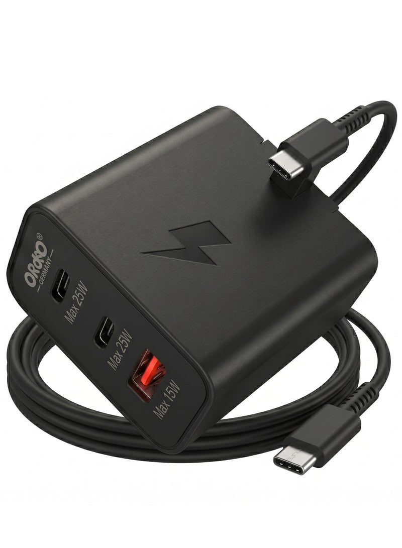 ORdEO 65W Fast Charger Kit, Adapter with 3 Ports (2 Type C + USB-A) + Cable, Ultra Mini Compact Design - Image 1