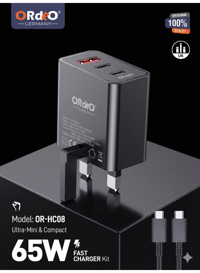 ORdEO 65W Fast Charger Kit, Adapter with 3 Ports (2 Type C + USB-A) + Cable, Ultra Mini Compact Design - Image 3