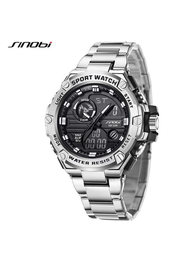 Sinobi Premium Youth Student Sports Watch, Multifunctional, Dual-Display Waterproof Men's Watch (Silver) - Image 1