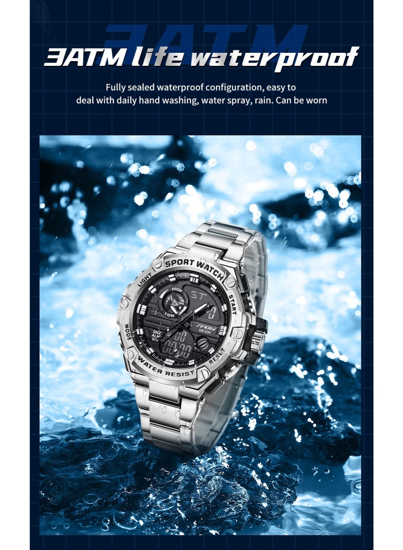 Sinobi Premium Youth Student Sports Watch, Multifunctional, Dual-Display Waterproof Men's Watch (Silver) - Image 2