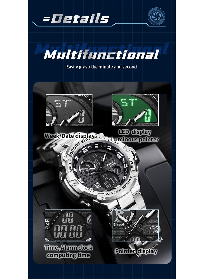 Sinobi Premium Youth Student Sports Watch, Multifunctional, Dual-Display Waterproof Men's Watch (Silver) - Image 4