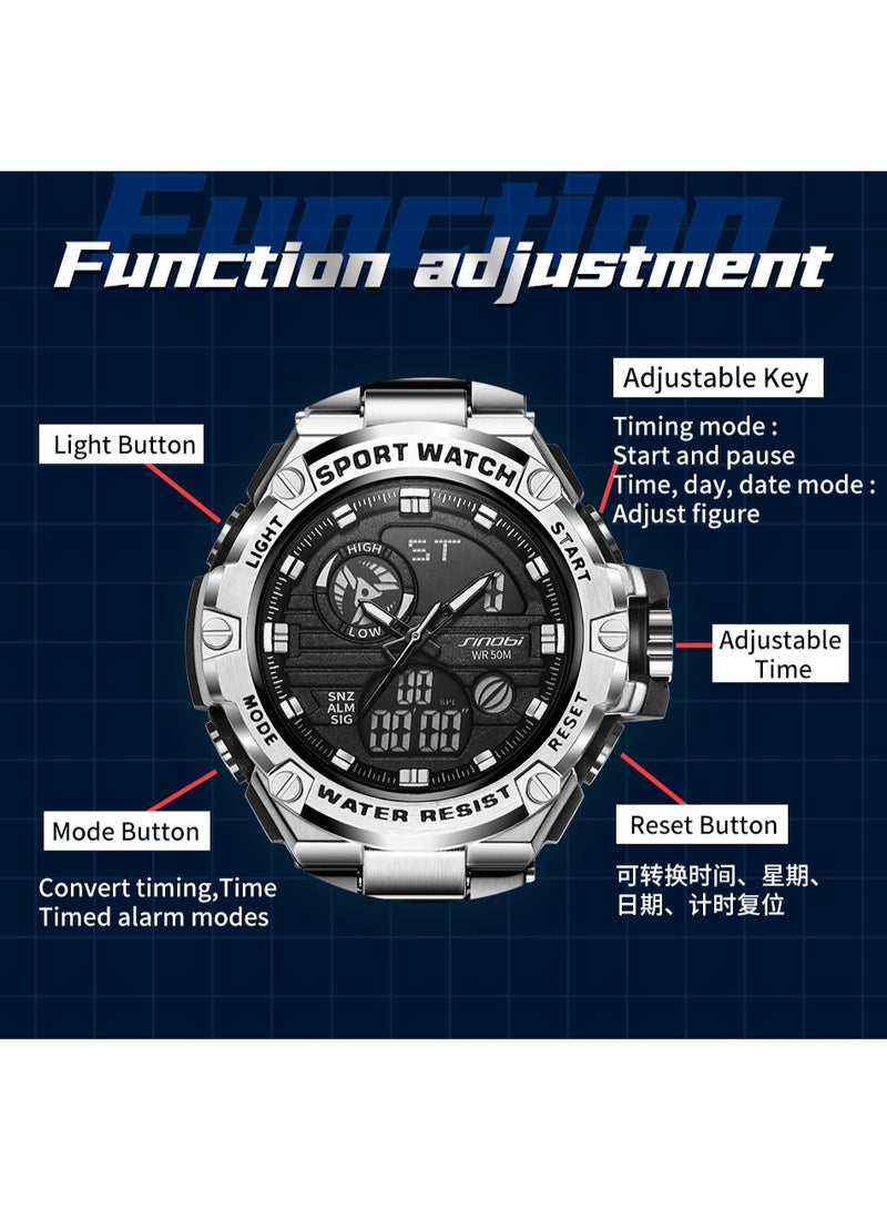 Sinobi Premium Youth Student Sports Watch, Multifunctional, Dual-Display Waterproof Men's Watch (Silver) - Image 3