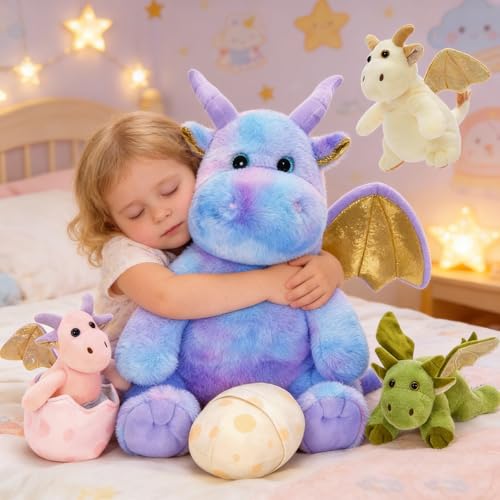 Tezituor Cute Stuffed Flying DragonPurple Dinosaur Stuffed Animal for Girls6 Pcs Dino Plush Toy Mommy Dragon with 3 Baby DinosaursLarge Pterosaur StuffyTriceratops Stegosaurus Plushies Gifts - Image 5