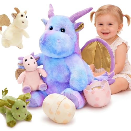 Tezituor Cute Stuffed Flying DragonPurple Dinosaur Stuffed Animal for Girls6 Pcs Dino Plush Toy Mommy Dragon with 3 Baby DinosaursLarge Pterosaur StuffyTriceratops Stegosaurus Plushies Gifts - Image 1