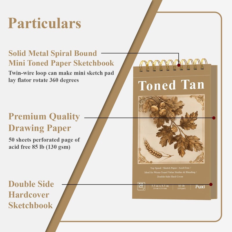 Fuxi دفتر رسم بني مصقول، عبوة 2 - 5.5" × 8.5" | ورق بني 85lb/130gsm، 50 ورقة لكل دفتر. - Image 3