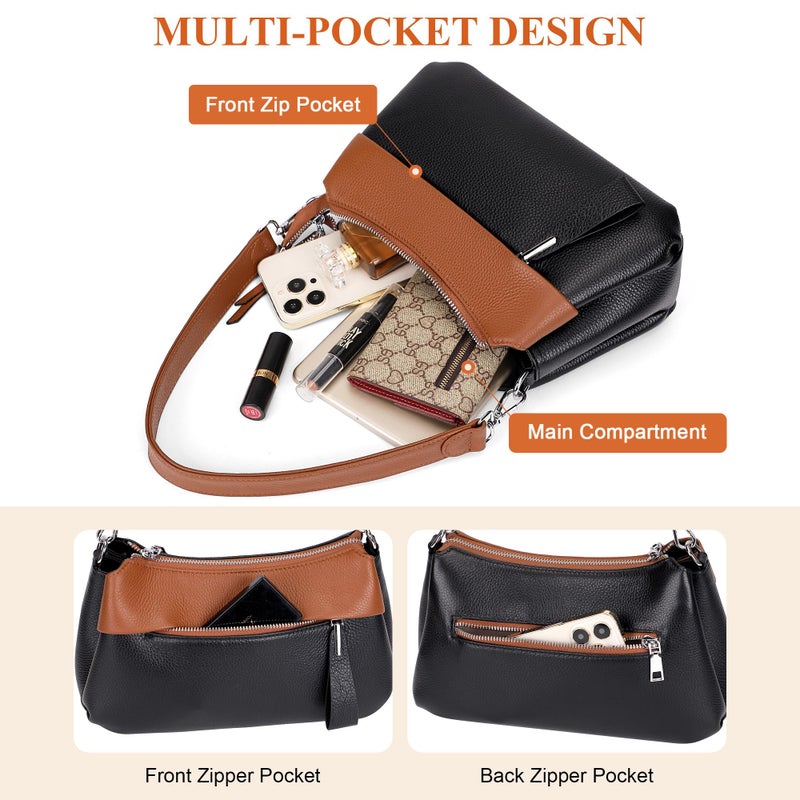 Over Earth Genuine Leather Crossbody Bags for Women Small Hobo Handbags Shoulder Purses with 2 Detachable Straps(O111-2E Black/Brown) - Image 5