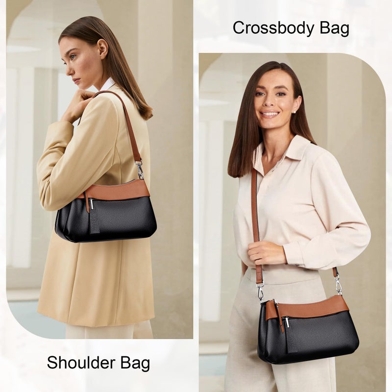Over Earth Genuine Leather Crossbody Bags for Women Small Hobo Handbags Shoulder Purses with 2 Detachable Straps(O111-2E Black/Brown) - Image 2