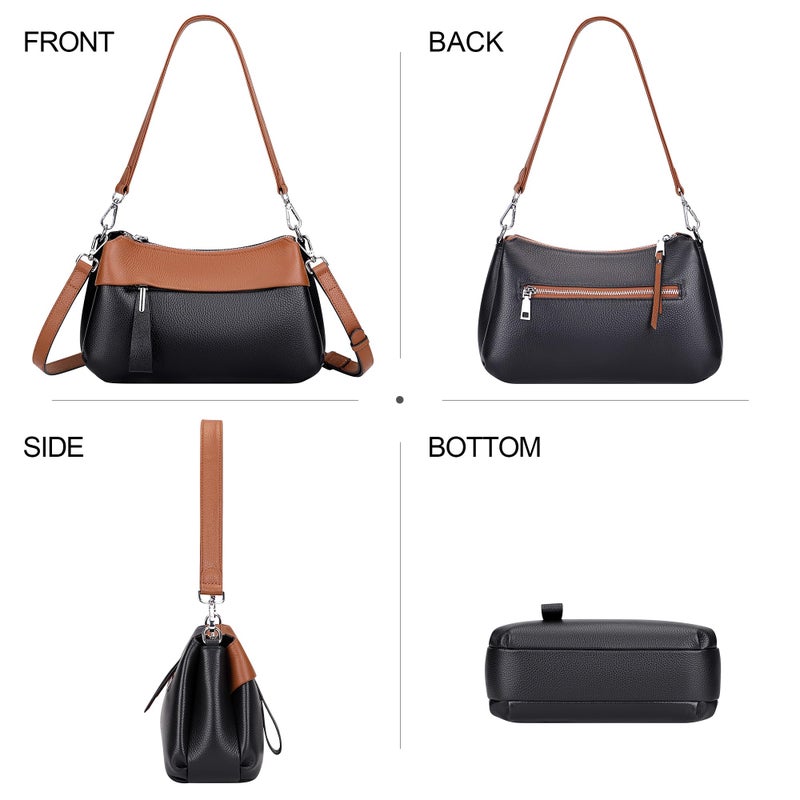 Over Earth Genuine Leather Crossbody Bags for Women Small Hobo Handbags Shoulder Purses with 2 Detachable Straps(O111-2E Black/Brown) - Image 3