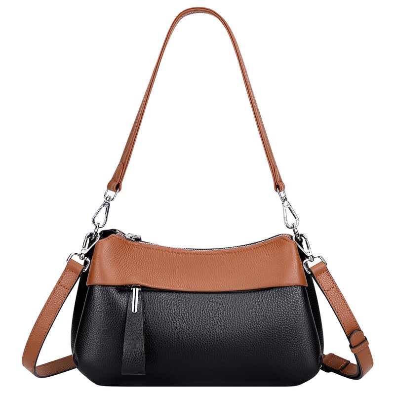 Over Earth Genuine Leather Crossbody Bags for Women Small Hobo Handbags Shoulder Purses with 2 Detachable Straps(O111-2E Black/Brown) - Image 1