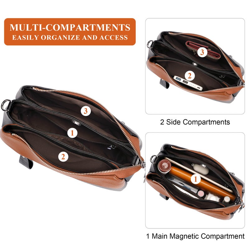 Over Earth Genuine Leather Crossbody Bags for Women Small Hobo Handbags Shoulder Purses with 2 Detachable Straps(O111-2E Black/Brown) - Image 4