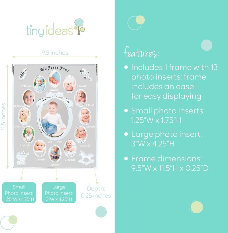 Tiny Ideas Babys My First Year Picture Frame Monthly Milestone Photo Collage 12 Month Baby Keepsake Nursery Wall Decor and Baby Gift Silver - Image 3