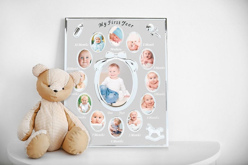 Tiny Ideas Babys My First Year Picture Frame Monthly Milestone Photo Collage 12 Month Baby Keepsake Nursery Wall Decor and Baby Gift Silver - Image 2