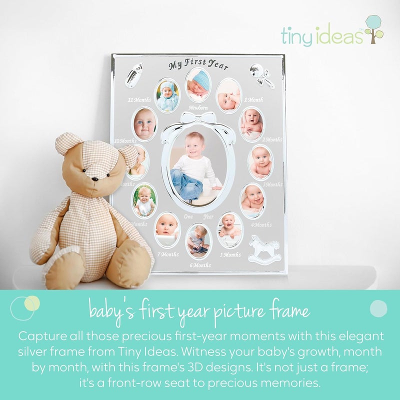 Tiny Ideas Babys My First Year Picture Frame Monthly Milestone Photo Collage 12 Month Baby Keepsake Nursery Wall Decor and Baby Gift Silver - Image 5