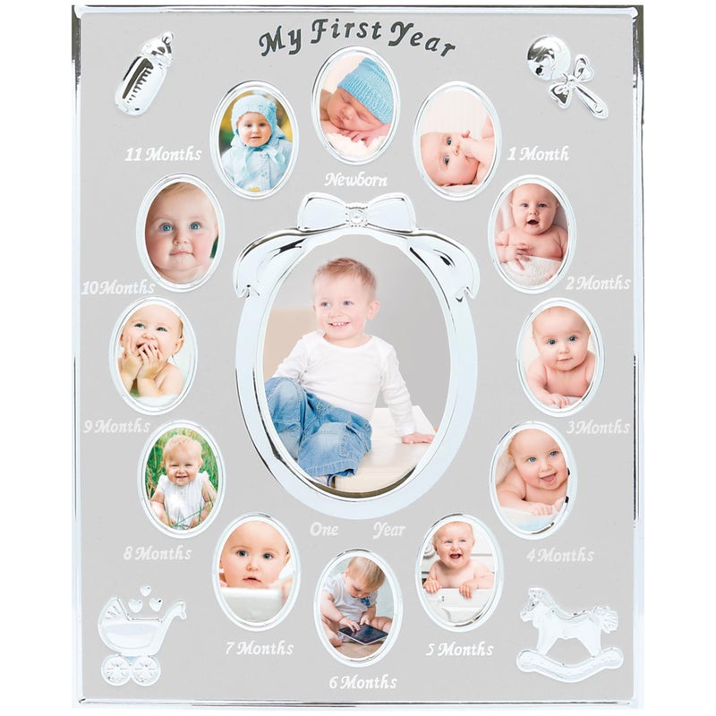Tiny Ideas Babys My First Year Picture Frame Monthly Milestone Photo Collage 12 Month Baby Keepsake Nursery Wall Decor and Baby Gift Silver - Image 1