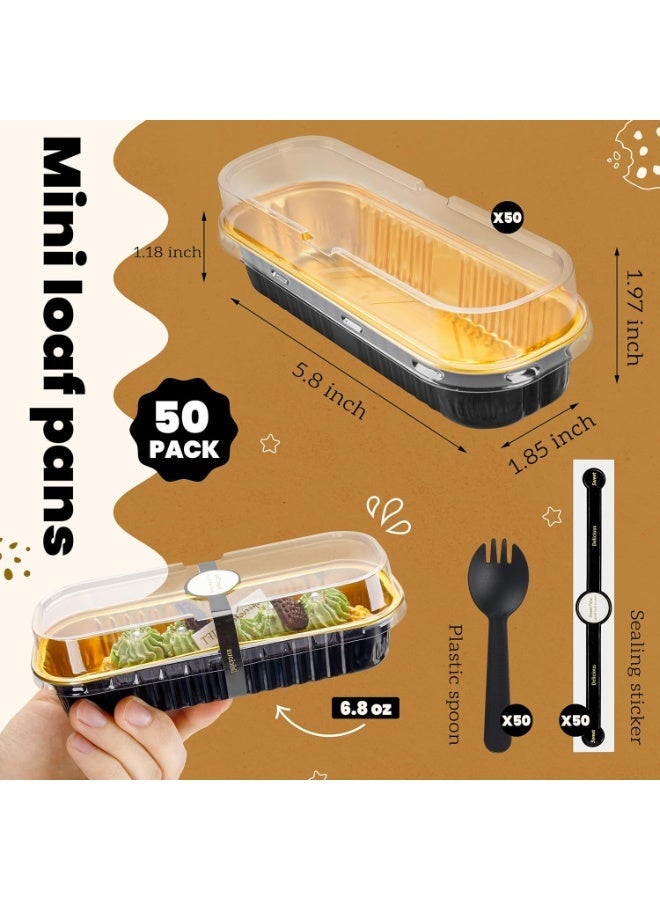 general 50 Pack Mini Cake Pans with Lids and Spoons Black Gold Rectangular Aluminum Foil Baking Pans Mini Cheesecake Containers(6.8oz) - Image 2