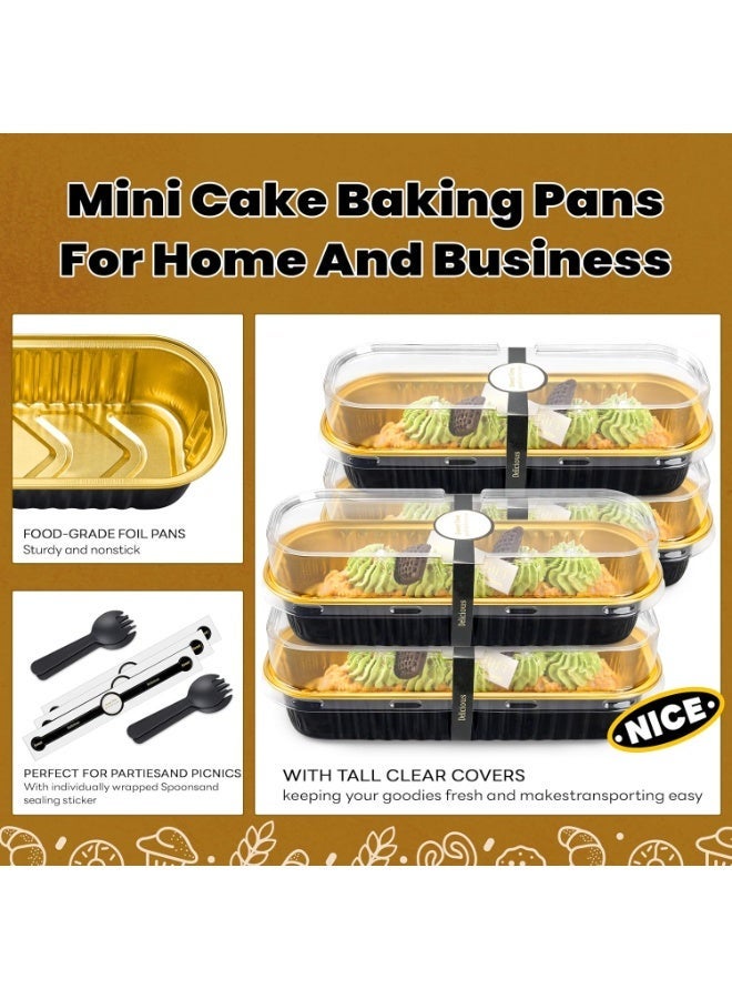 general 50 Pack Mini Cake Pans with Lids and Spoons Black Gold Rectangular Aluminum Foil Baking Pans Mini Cheesecake Containers(6.8oz) - Image 4