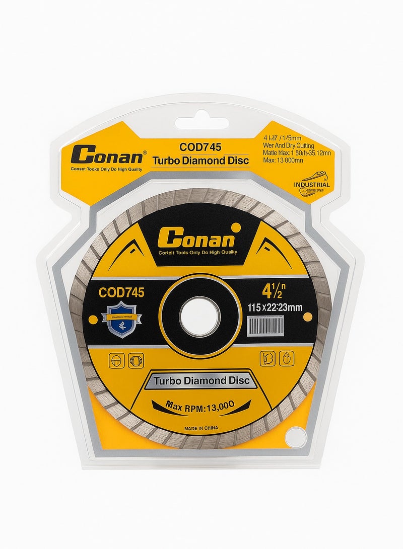 Conan Turbo Diamond Cutting Disc 4.5", Model COD745, 22.23mm Arbor, For Wet & Dry Cutting - Image 1