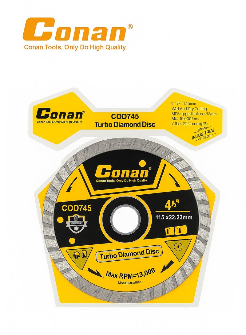 Conan Turbo Diamond Cutting Disc 4.5", Model COD745, 22.23mm Arbor, For Wet & Dry Cutting - Image 3