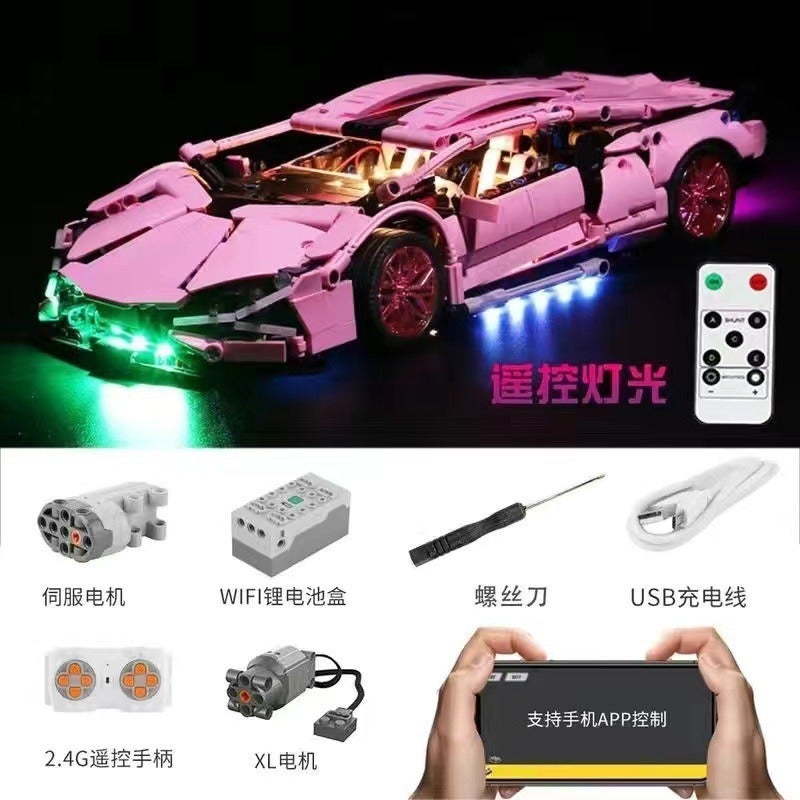 Compatible with Small Particle Cyber Lamborghini Porsche Sports Car Remote Control Chinese Building Blocks Children's Toy Assembly Racing Car for  Boys
