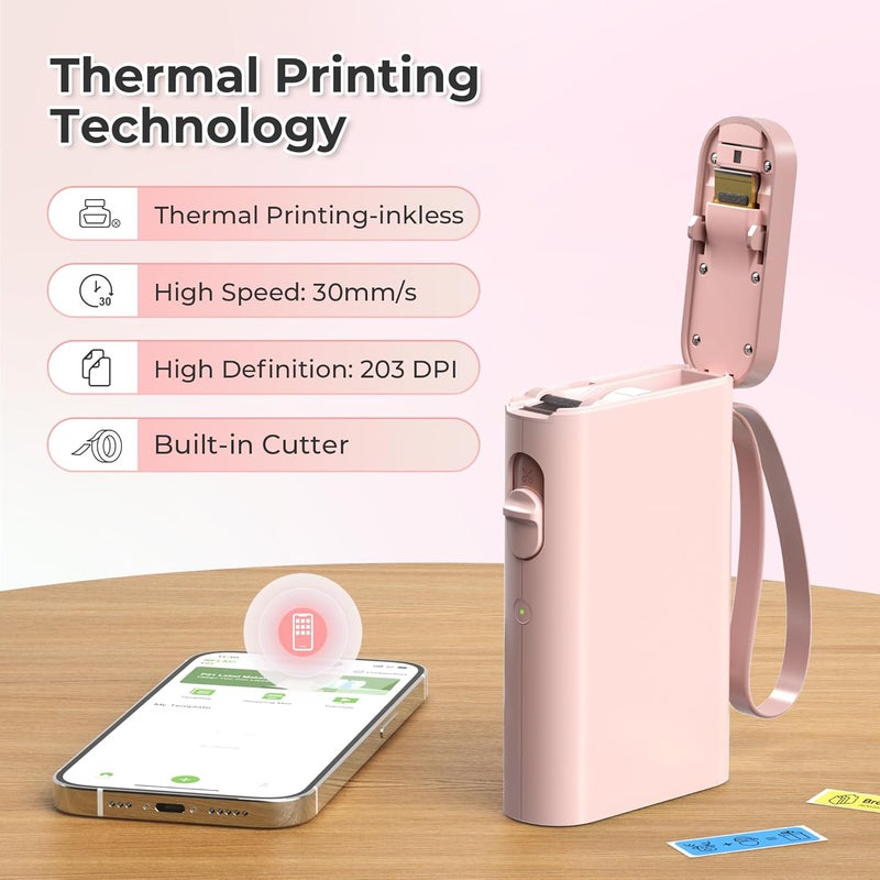 Oil resistant Bluetooth P21 Label Printer, Portable Self-Adhesive Labelling Device, Wireless Mini Printer for iOS Android, Home, Office - Pink Connectable modular - Image 5