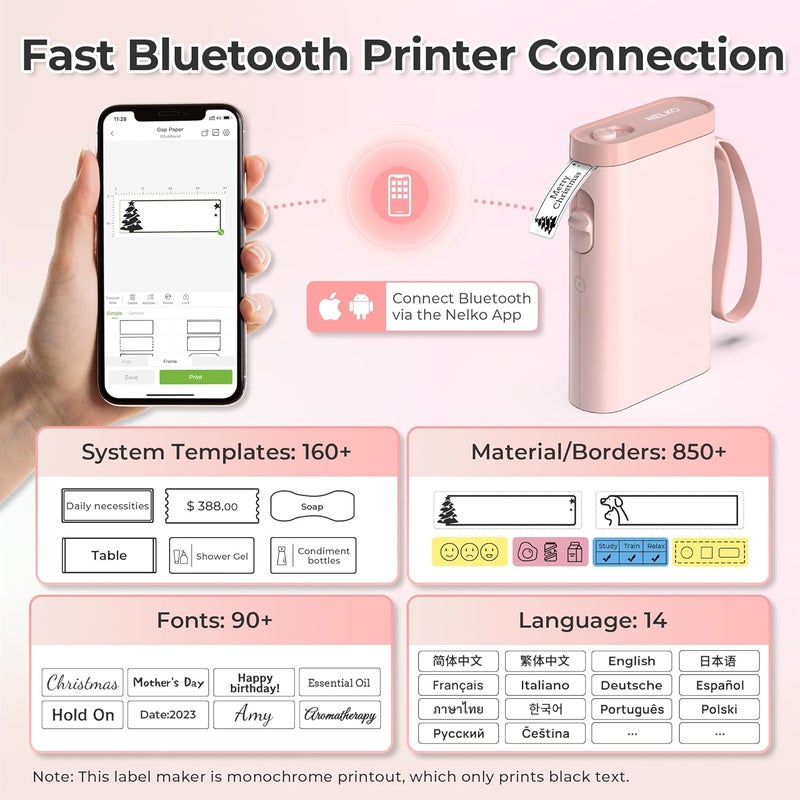 Oil resistant Bluetooth P21 Label Printer, Portable Self-Adhesive Labelling Device, Wireless Mini Printer for iOS Android, Home, Office - Pink Connectable modular - Image 2