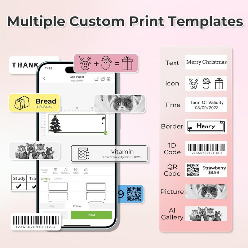 Oil resistant Bluetooth P21 Label Printer, Portable Self-Adhesive Labelling Device, Wireless Mini Printer for iOS Android, Home, Office - Pink Connectable modular - Image 3