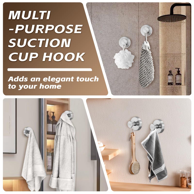 Supopular Reusable Heavy Duty Suction Cup Hooks for Kitchen/Bathroom/Shower - Wet-Proof Hooks for Towels, Robes, Loofah&Wreaths/No Drill Mounting on Glass, Tile, Metal (2, Brushed Nickel) - Image 4