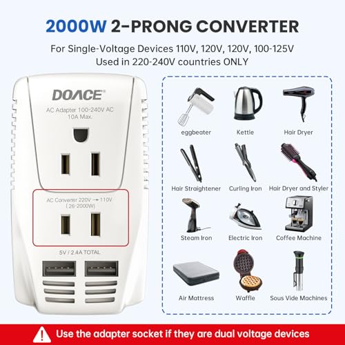 DOACE Upgraded 2000W 220V to 110V Converter for European Travel, Voltage Converter US to Europe for Hair Dryer Straightener Curling Iron, 2300W Adapter with EU/UK/AU/US Plugs for Laptop Camera Cell Phone - Image 3