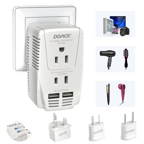 DOACE Upgraded 2000W 220V to 110V Converter for European Travel, Voltage Converter US to Europe for Hair Dryer Straightener Curling Iron, 2300W Adapter with EU/UK/AU/US Plugs for Laptop Camera Cell Phone - Image 1