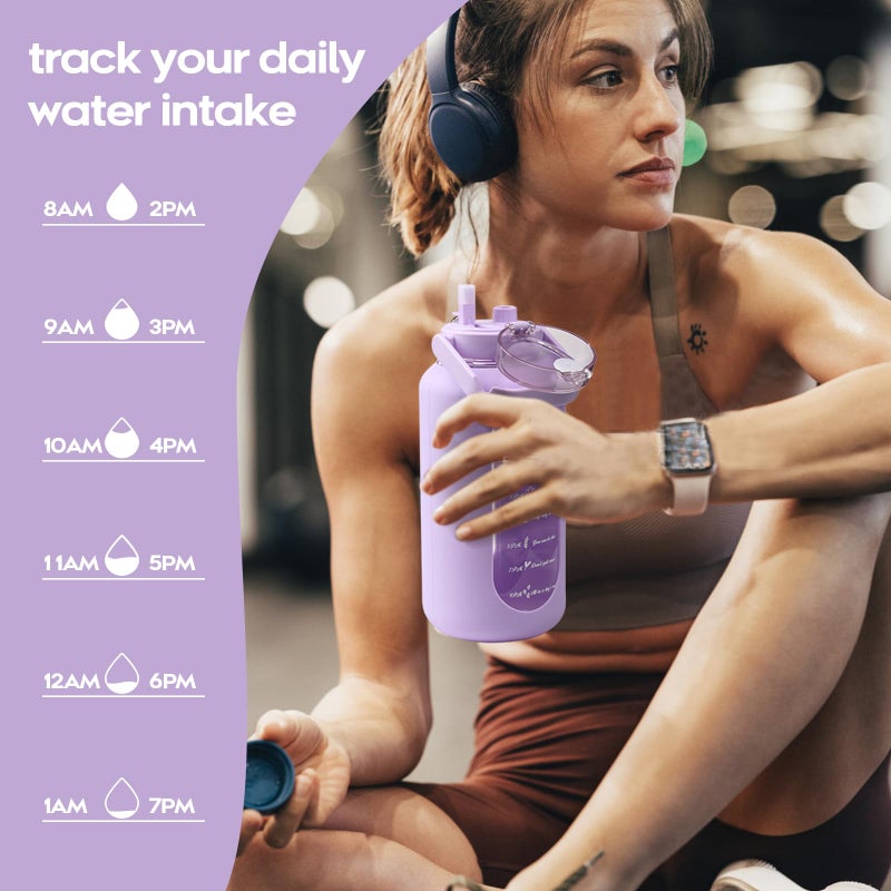 chunmo 74 oz Glass Water Bolttles with Straw Large Motivational Water Bottle with Time Marker Sports Water Bottles with Silicone Sleeve and Handle Lid 2.2L Water Jug for Gym Workout - Image 5