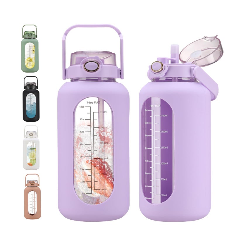 chunmo 74 oz Glass Water Bolttles with Straw Large Motivational Water Bottle with Time Marker Sports Water Bottles with Silicone Sleeve and Handle Lid 2.2L Water Jug for Gym Workout - Image 1