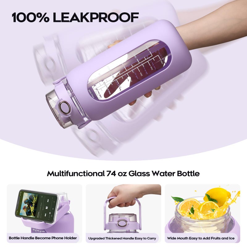 chunmo 74 oz Glass Water Bolttles with Straw Large Motivational Water Bottle with Time Marker Sports Water Bottles with Silicone Sleeve and Handle Lid 2.2L Water Jug for Gym Workout - Image 3