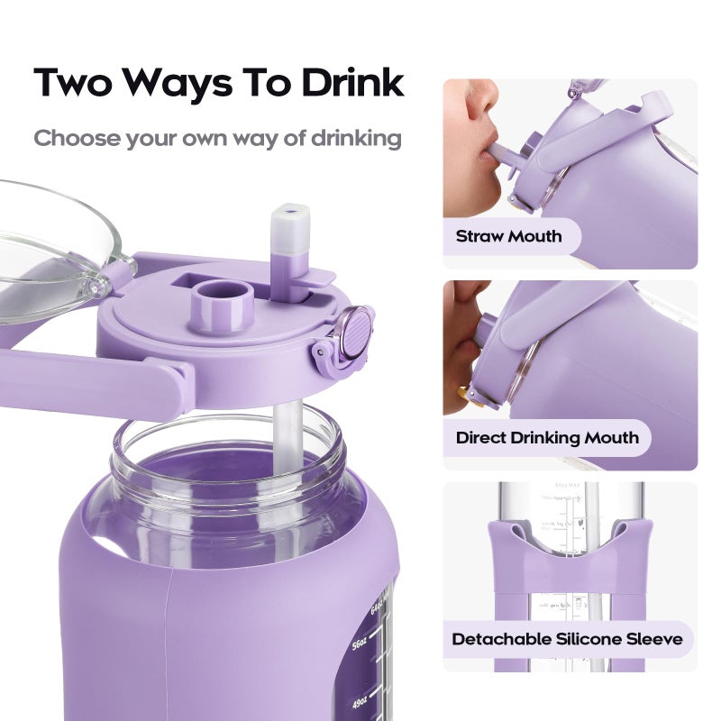 chunmo 74 oz Glass Water Bolttles with Straw Large Motivational Water Bottle with Time Marker Sports Water Bottles with Silicone Sleeve and Handle Lid 2.2L Water Jug for Gym Workout - Image 2