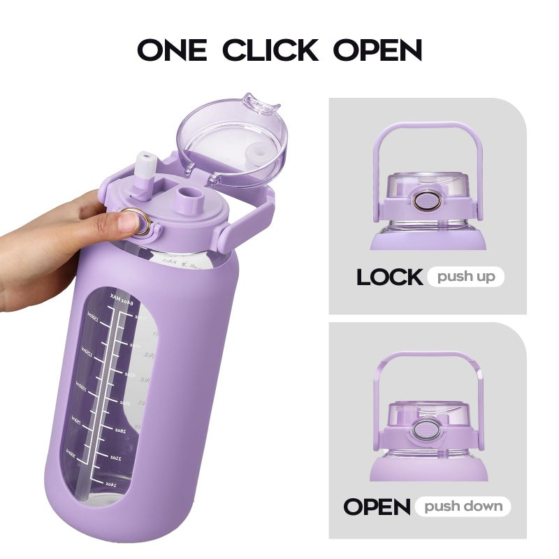 chunmo 74 oz Glass Water Bolttles with Straw Large Motivational Water Bottle with Time Marker Sports Water Bottles with Silicone Sleeve and Handle Lid 2.2L Water Jug for Gym Workout - Image 4