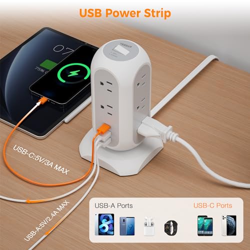 TESSAN 15 ft Extension Cord Tower Power Strip, 11 Outlets 3 USB(1 USB-C) Chargers, TESSAN Surge Protector with Multi Plug Outlet, 1050J Protection, Office Supplies, Desk Accessories, School Dorm Essential - Image 5