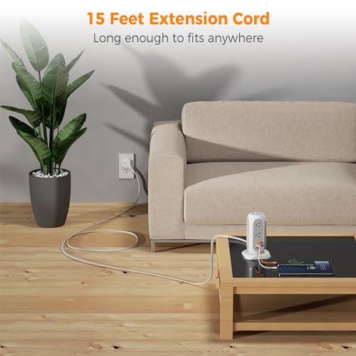 TESSAN 15 ft Extension Cord Tower Power Strip, 11 Outlets 3 USB(1 USB-C) Chargers, TESSAN Surge Protector with Multi Plug Outlet, 1050J Protection, Office Supplies, Desk Accessories, School Dorm Essential - Image 2