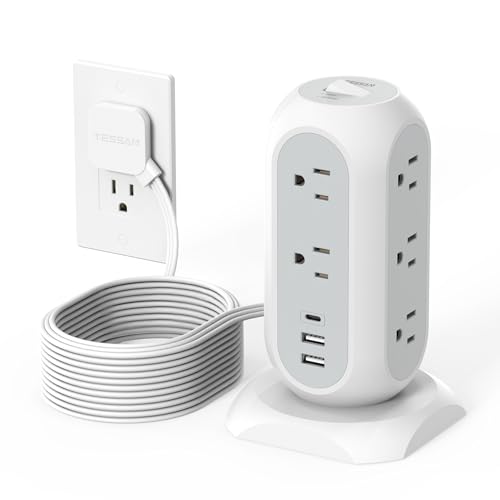 TESSAN 15 ft Extension Cord Tower Power Strip, 11 Outlets 3 USB(1 USB-C) Chargers, TESSAN Surge Protector with Multi Plug Outlet, 1050J Protection, Office Supplies, Desk Accessories, School Dorm Essential - Image 1