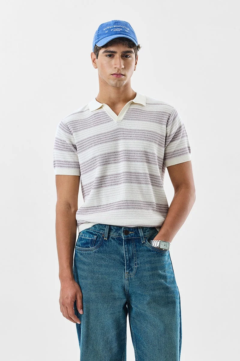 سنيتش Off White Striped Half Sleeve Regular Fit T-Shirt