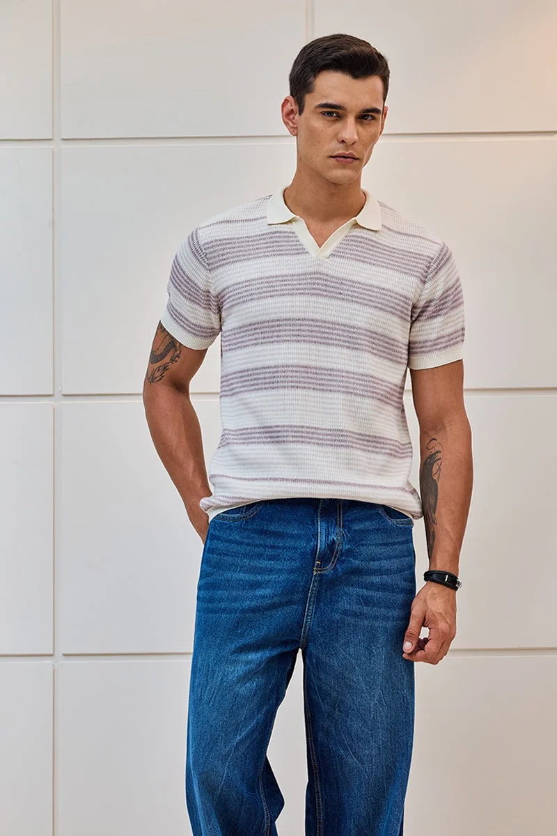 سنيتش Off White Striped Half Sleeve Regular Fit T-Shirt