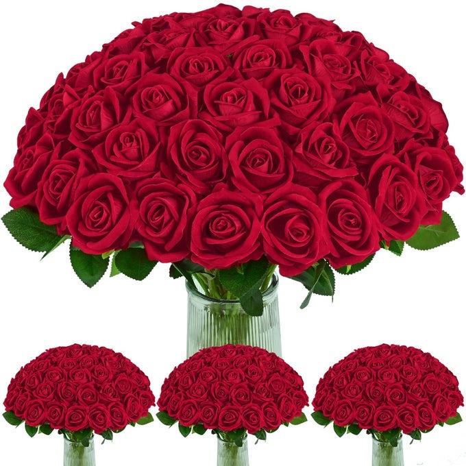 100 PCS RED VELVET ROSES ARTIFICIAL FLOWERS REAL TOUCH LONG STEMS WEDDING OCCASION DECOR