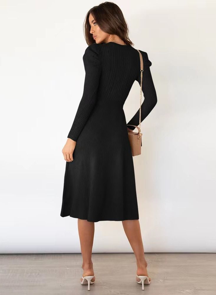 Autumn Winter New Bubble Long Sleeve Long Style High Waist Big Swing Dress - Image 2