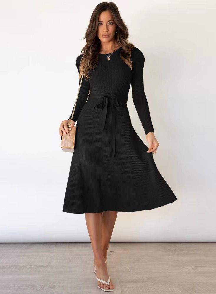 Autumn Winter New Bubble Long Sleeve Long Style High Waist Big Swing Dress - Image 1