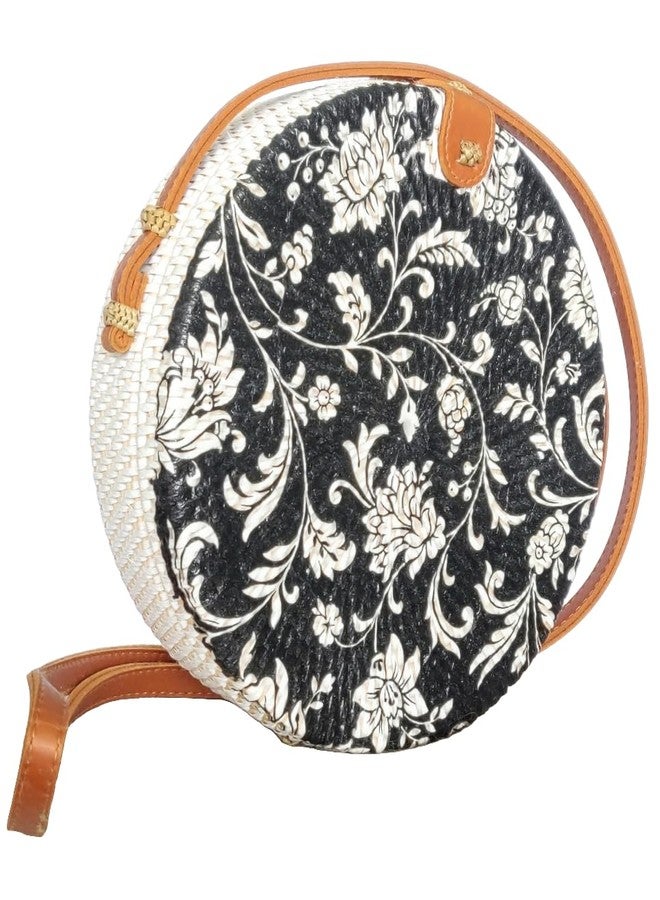 TAMARA ARTEFACTS: Fashion Accessory. HANDBAG: Decoupage Handwoven Round Rattan Bag in Floral Design and Batik Lining. - Image 1