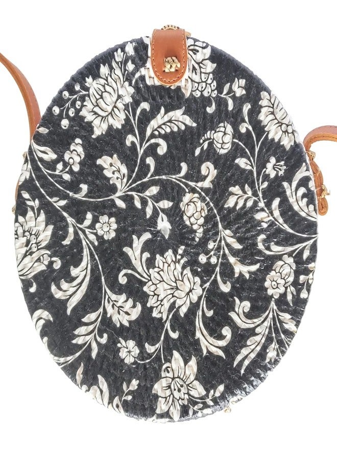 TAMARA ARTEFACTS: Fashion Accessory. HANDBAG: Decoupage Handwoven Round Rattan Bag in Floral Design and Batik Lining. - Image 4