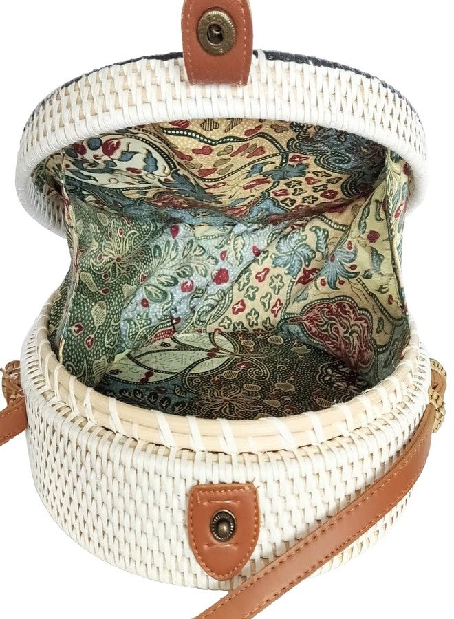 TAMARA ARTEFACTS: Fashion Accessory. HANDBAG: Decoupage Handwoven Round Rattan Bag in Floral Design and Batik Lining. - Image 3