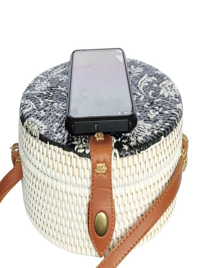 TAMARA ARTEFACTS: Fashion Accessory. HANDBAG: Decoupage Handwoven Round Rattan Bag in Floral Design and Batik Lining. - Image 5