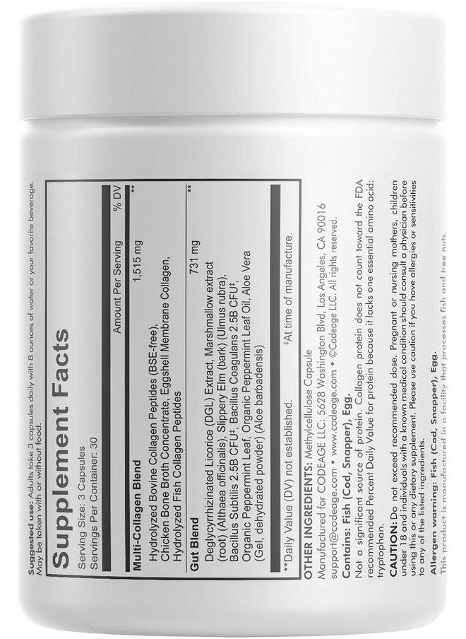 Codeage Multi Collagen + Gut Blend Supplement Digestive Probiotics Dgl Licorice Aloe Vera Organic Peppermint Leaf Hydrolyzed Collagen Pills Type 1 2 3 5 & 10 Nongmo 90 Capsules  - Image 5