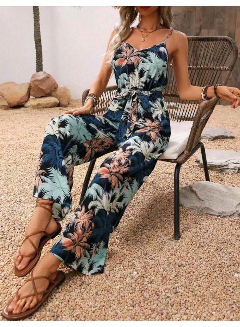 SHEIN Women Palm Tree Print Wide Leg Casual Jumpsuit - Image 3