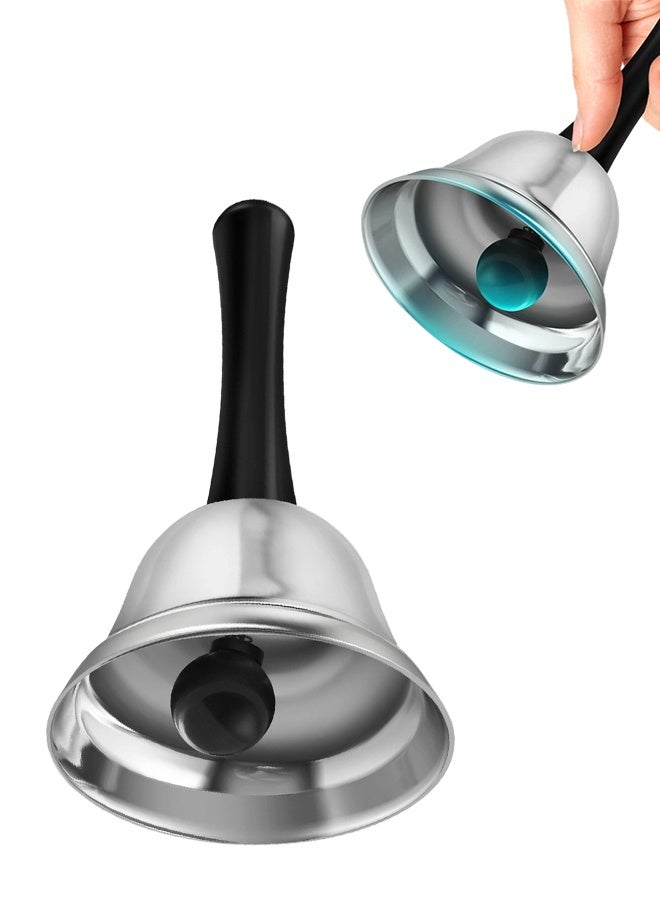 1 Pack Loud Silver Steel Hand Bell for Service with Black Handle, Dinner Bell & Desk Bell Ringer for Classroom, Hotel Front Desk, School, Elderly Care, Nurse Call, Pet Training & Food Line - Image 1